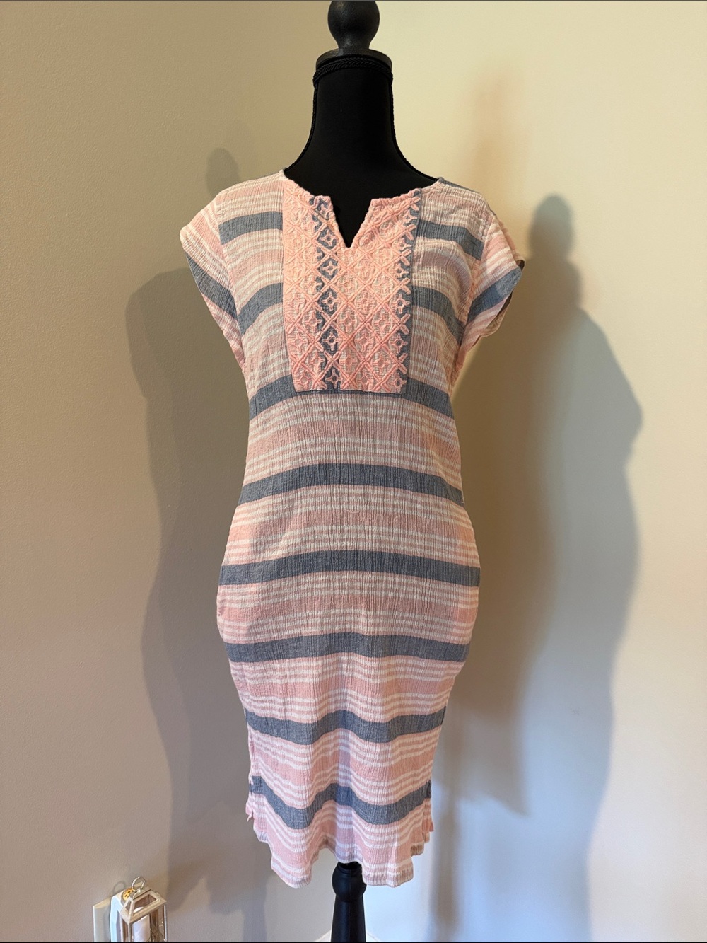 Cabernet Pink & Gray Striped Embroidered Midi Dress